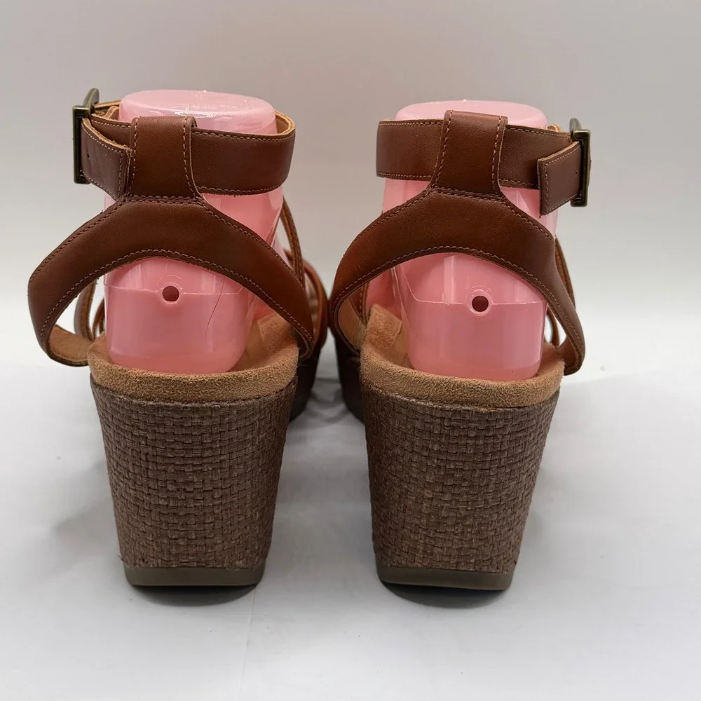 Vionic Clarisa Tan Leather Raffia Wedge Sandals Strappy Platform Brown 8